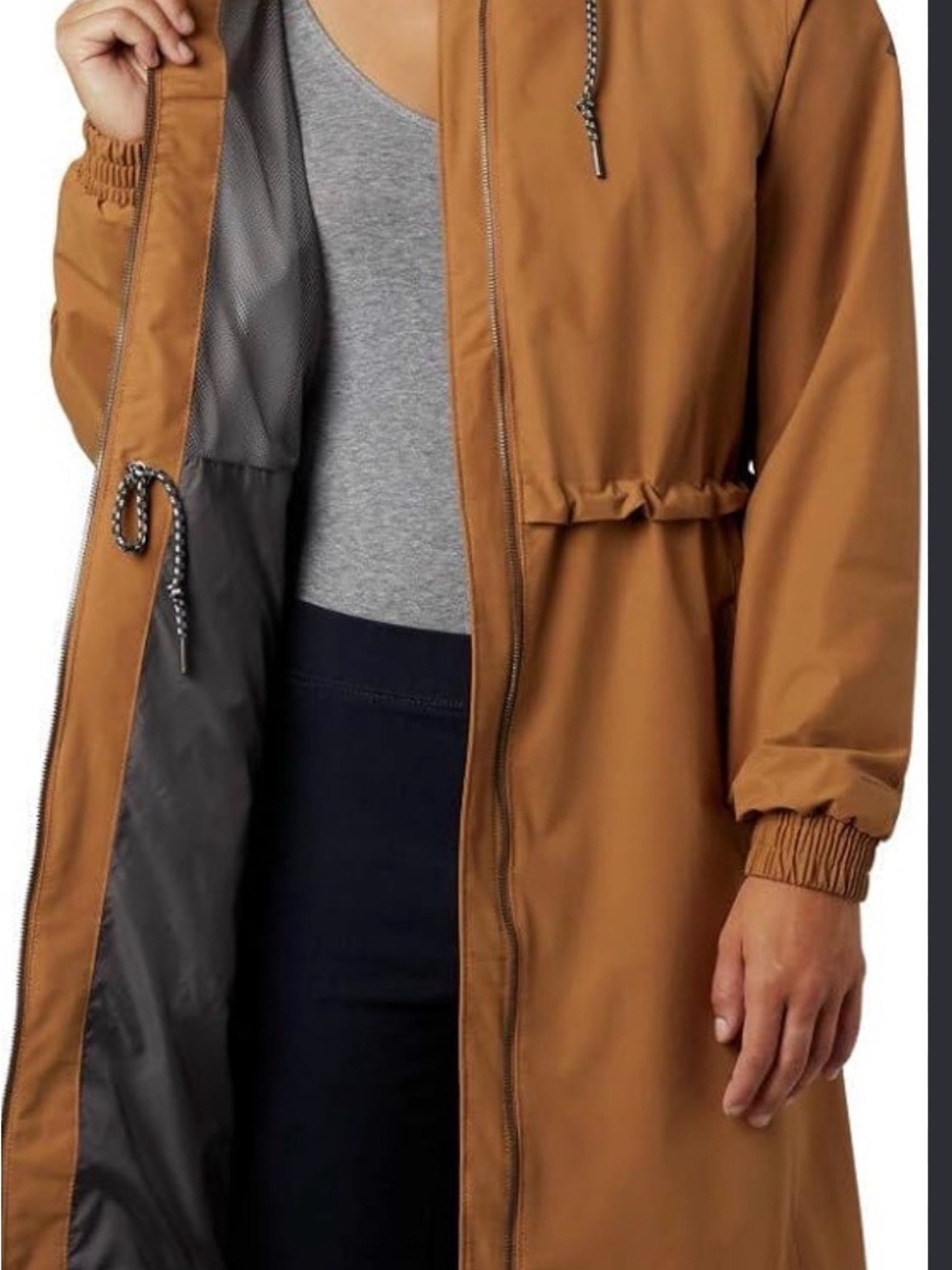 Columbia Long Hooded Rain Coat in Camel Brown